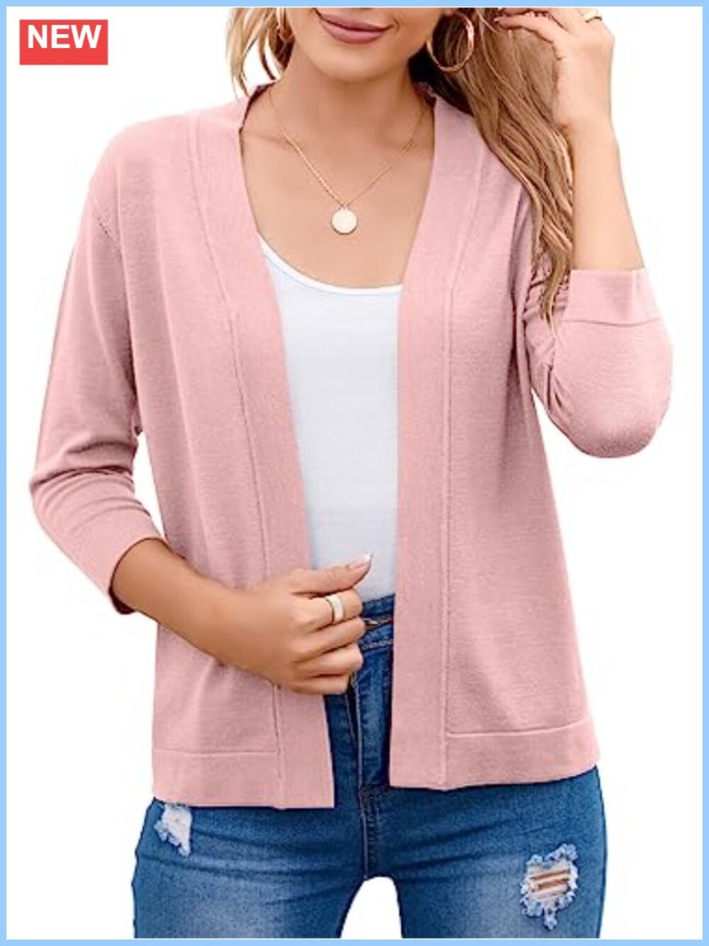Cropped Cardigan Sweater Open Front 3/4 Sleeve Ribbed Shrug Lightweight